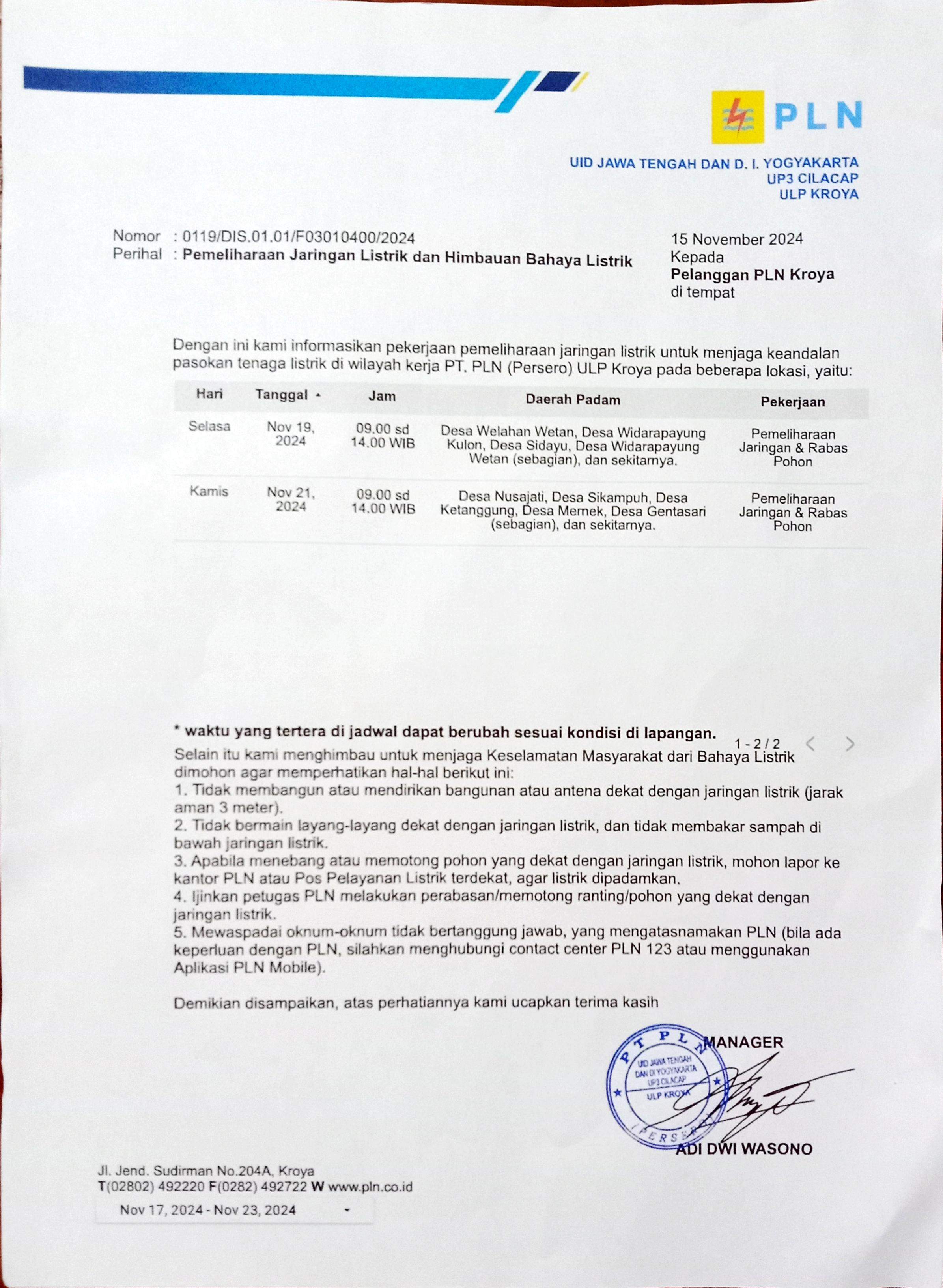 Pemberitahuan Pemeliharaan Jaringan Listrik Di Wilayah Desa Widarapayung Wetan